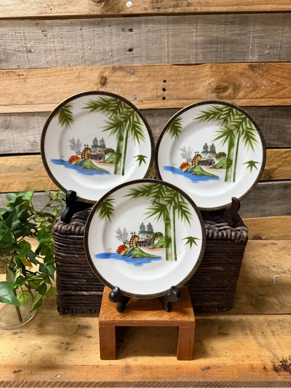 Set of  3 Vintage Hayasi Fine China Asian Bamboo Motif Dessert Plates